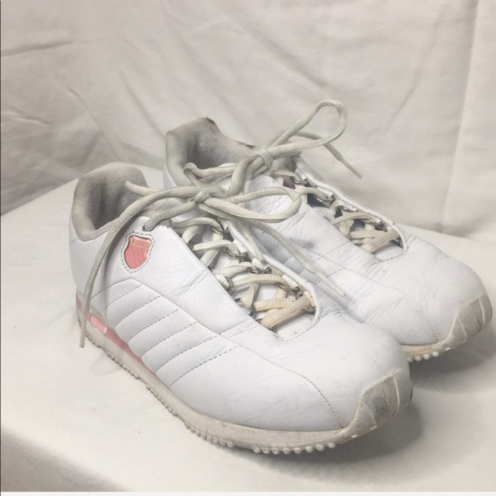 K- Swiss white sneakers with pink trim